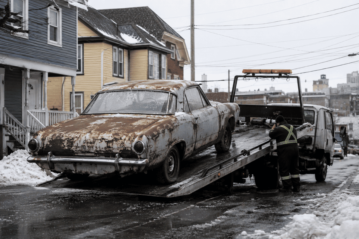 Rusted old car being loaded onto a tow truck in Halifax during winter