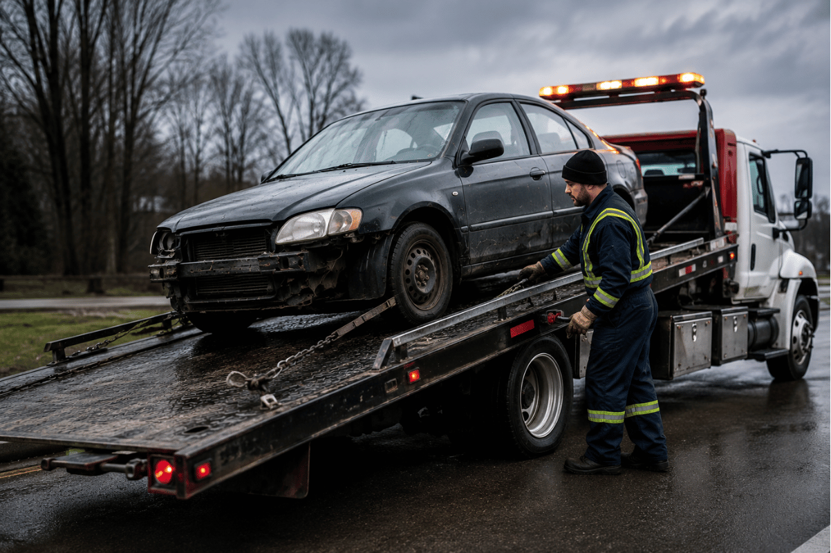 tow truck driver loading junk car