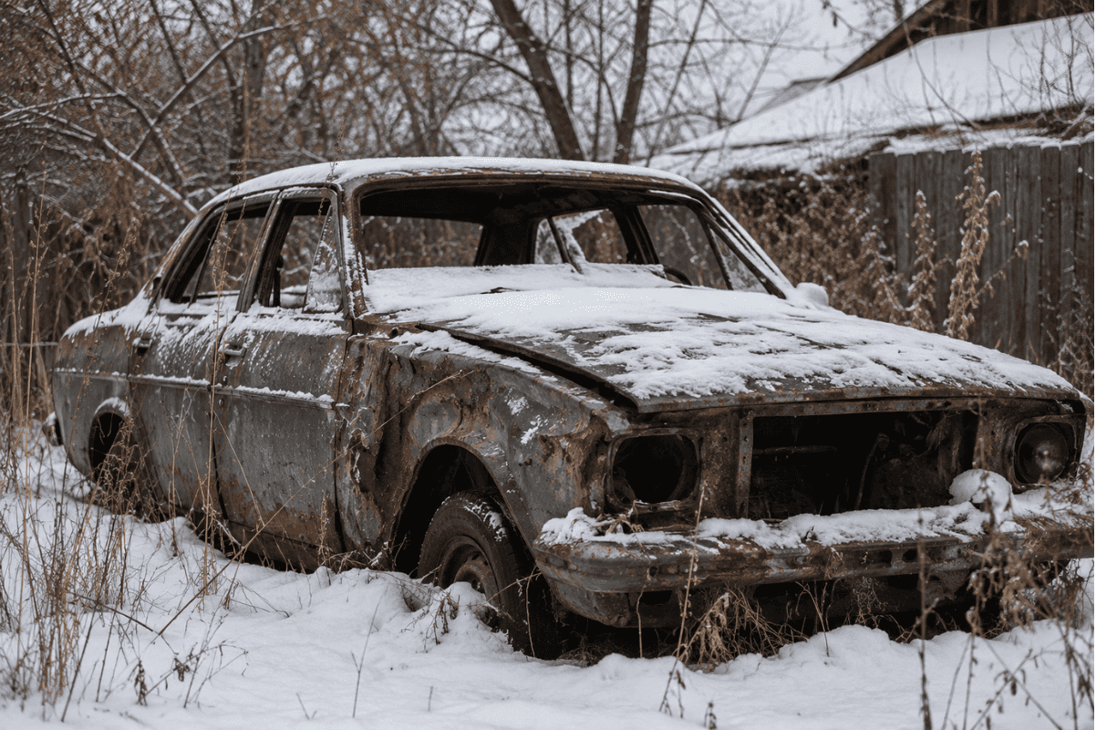 rusty abandoned car winter