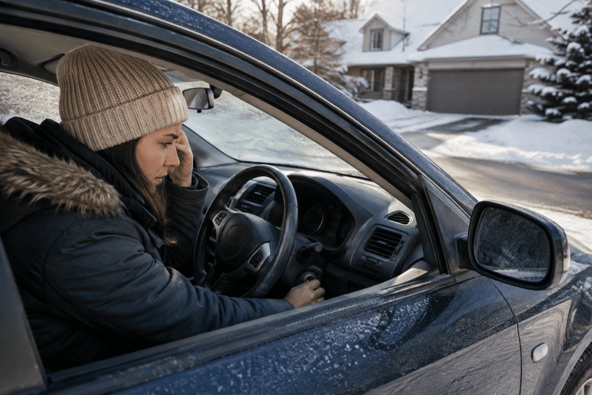 Driver sitting in car turning